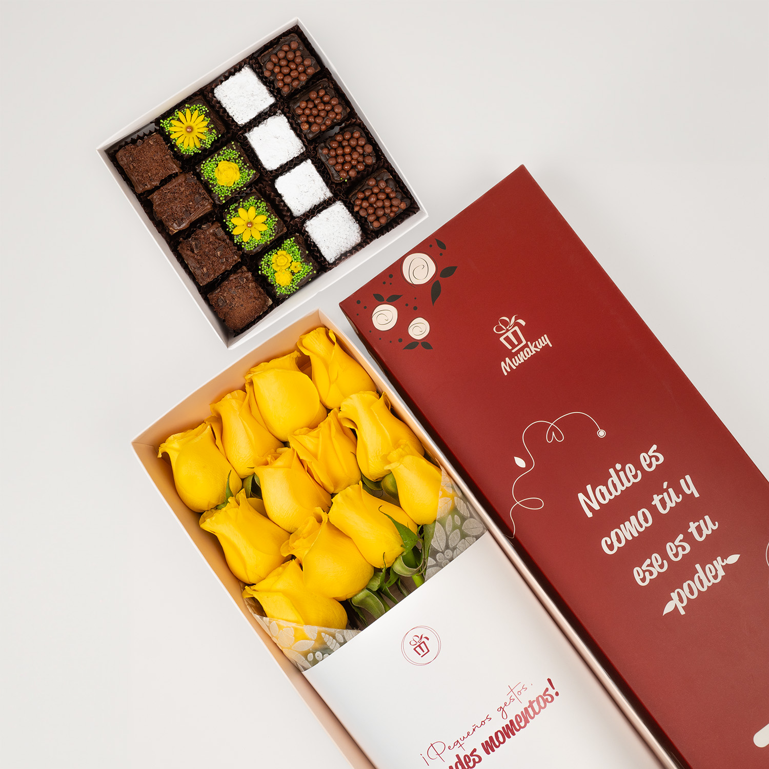 Caja de rosas amarillas con brownies premium