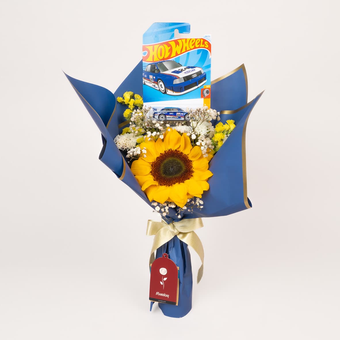 Ramo de un girasol para hombre con carrito hot-wheels