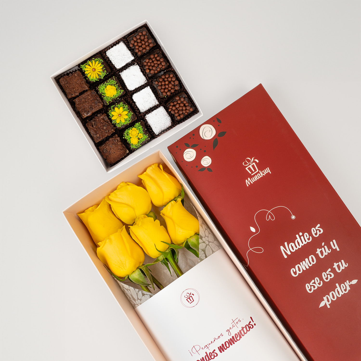 Caja de rosas amarillas con brownies premium