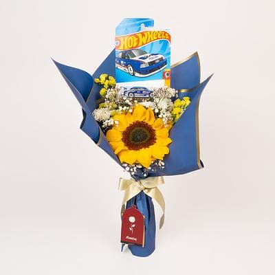 Ramo de un girasol para hombre con carrito hot-wheels