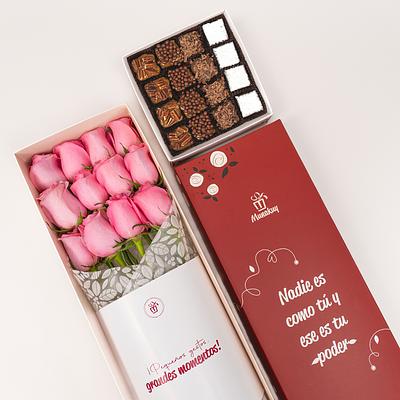 Caja de rosas rosadas con brownies premium